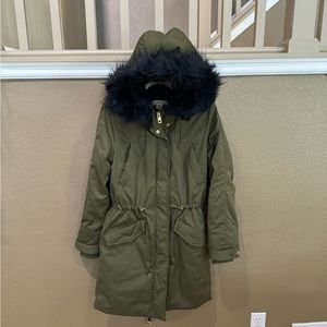 H&M olive green heavy duty winter long coat with fur lined hood